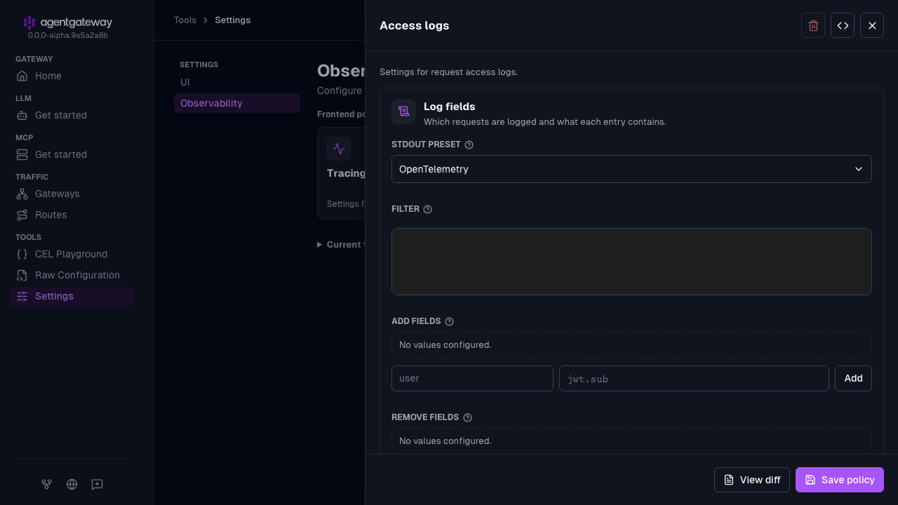 Access logs drawer with OpenTelemetry selected as the stdout preset