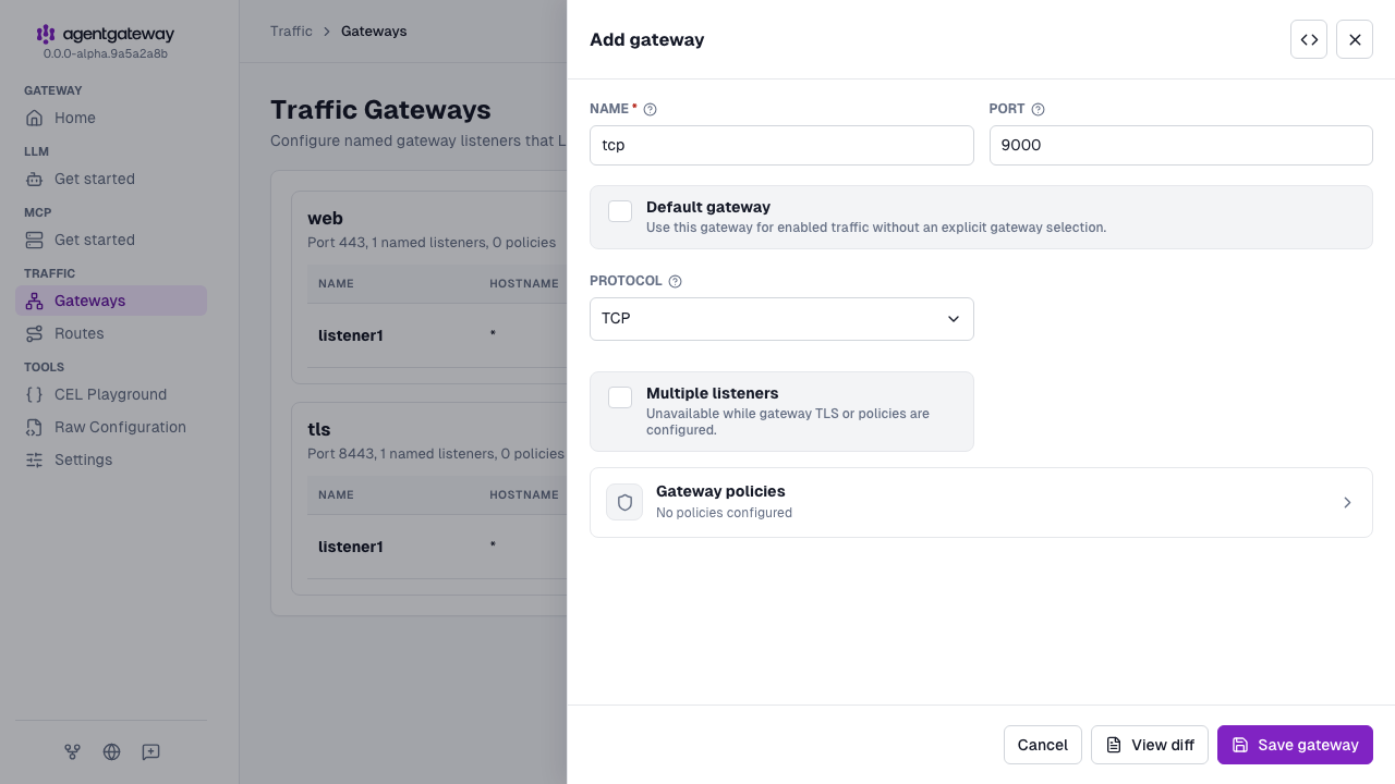 Add gateway drawer for the tcp gateway on port 9000 with the TCP protocol