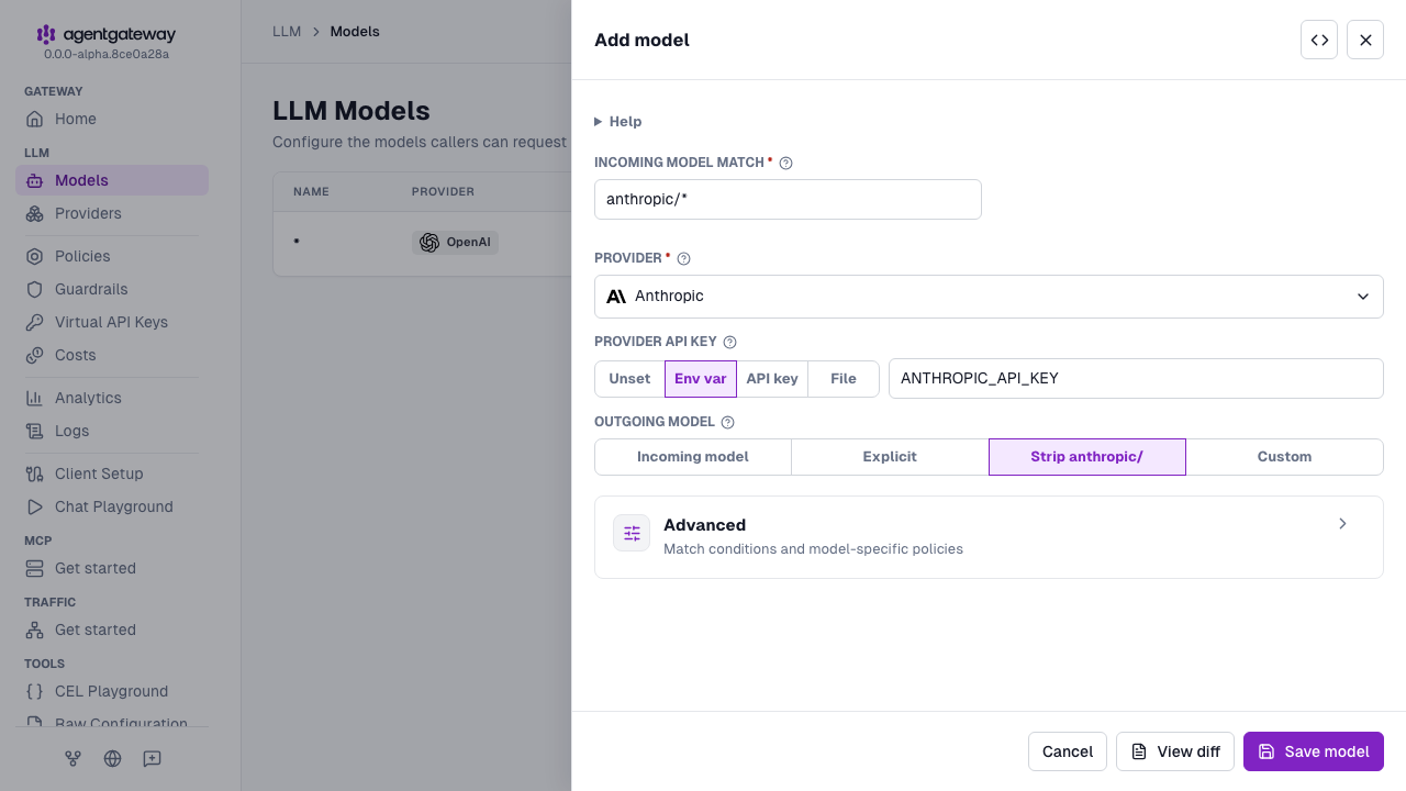 Add model drawer with Anthropic selected as the provider, anthropic/* as the incoming model match, and ANTHROPIC_API_KEY as the environment variable for the provider API key