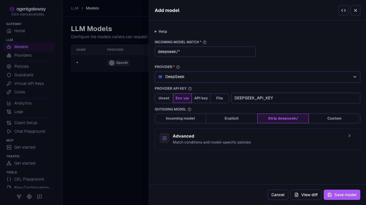 Add model drawer with DeepSeek selected as the provider, deepseek/* as the incoming model match, and DEEPSEEK_API_KEY as the environment variable for the provider API key