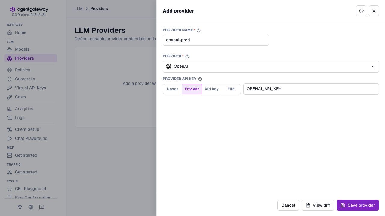 Add provider drawer with openai-prod as the provider name, OpenAI selected as the provider, and OPENAI_API_KEY as the environment variable for the provider API key