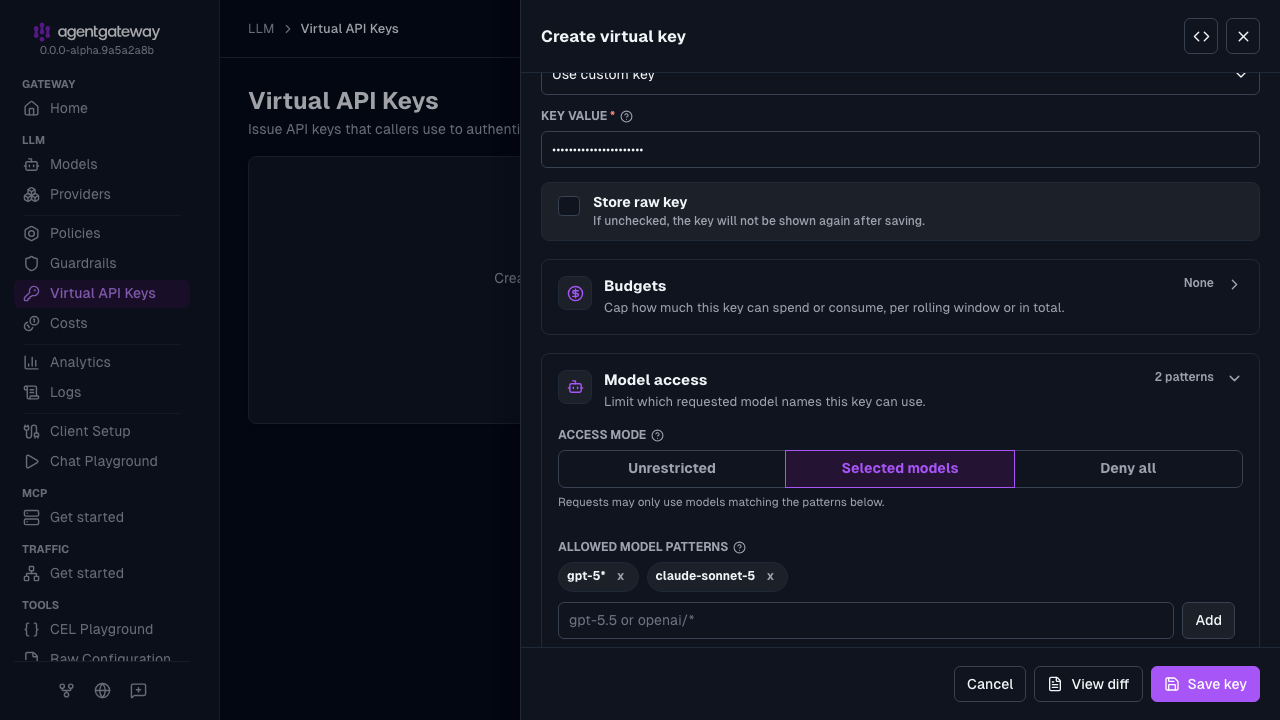 Create virtual key drawer with model access limited to the gpt-5* and claude-sonnet-5 models