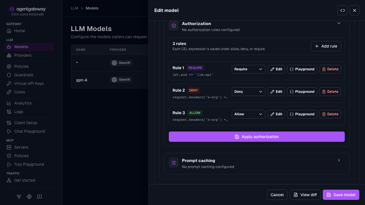 Edit model drawer for gpt-4 with the Authorization model policy and its require, deny, and allow rules