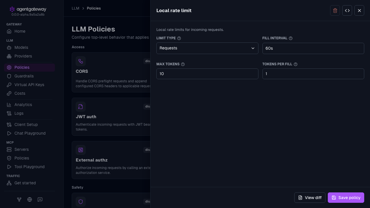 Local rate limit drawer with the Requests type, a 60s fill interval, 10 maximum tokens, and 1 token per fill