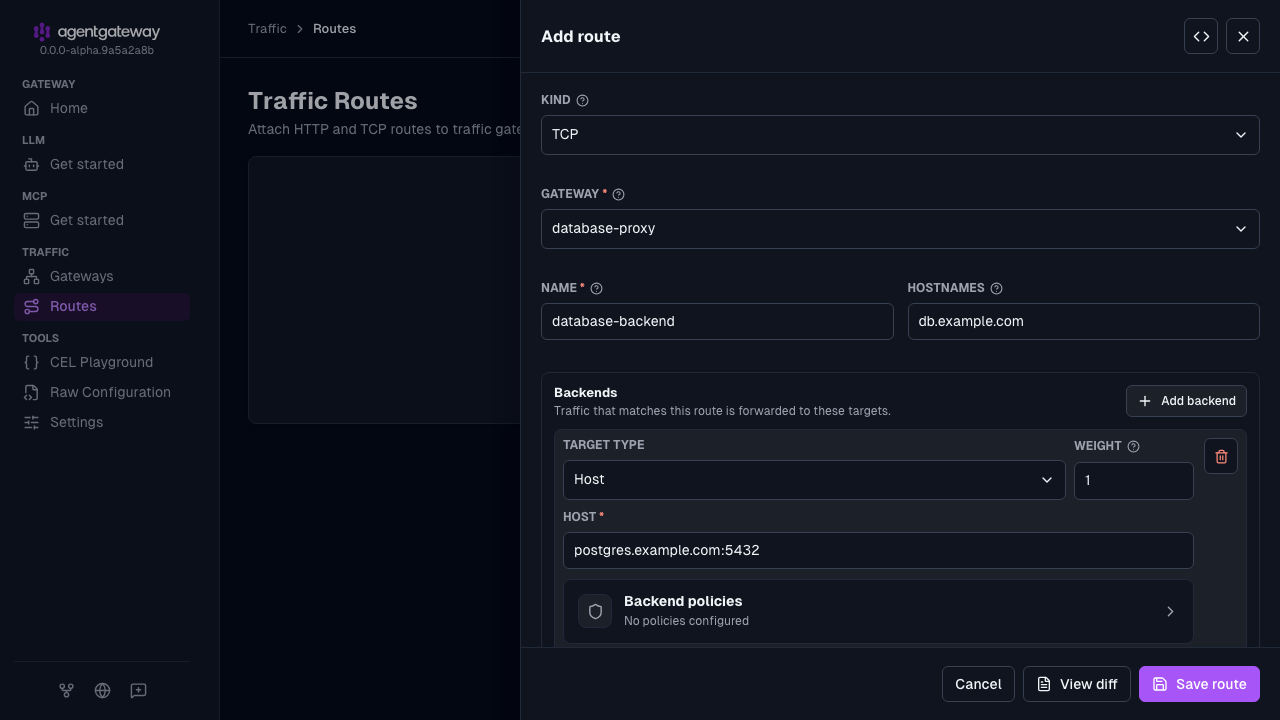 Add route drawer with the TCP kind, the database-proxy gateway, the database-backend route name, the db.example.com hostname, and the postgres.example.com:5432 backend