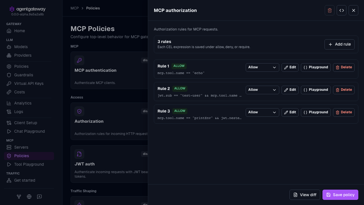 MCP authorization drawer with three allow rules for the echo, add, and printEnv tools