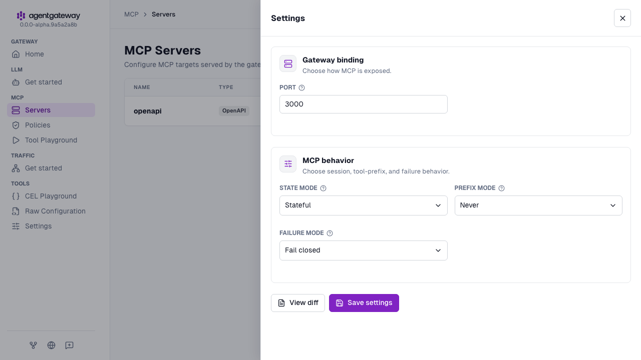 MCP servers settings drawer with the prefix mode set to Never and the state mode set to Stateful