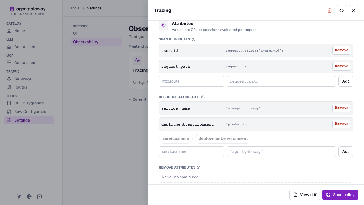 Tracing drawer Attributes section with user.id and request.path span attributes, and service.name and deployment.environment resource attributes