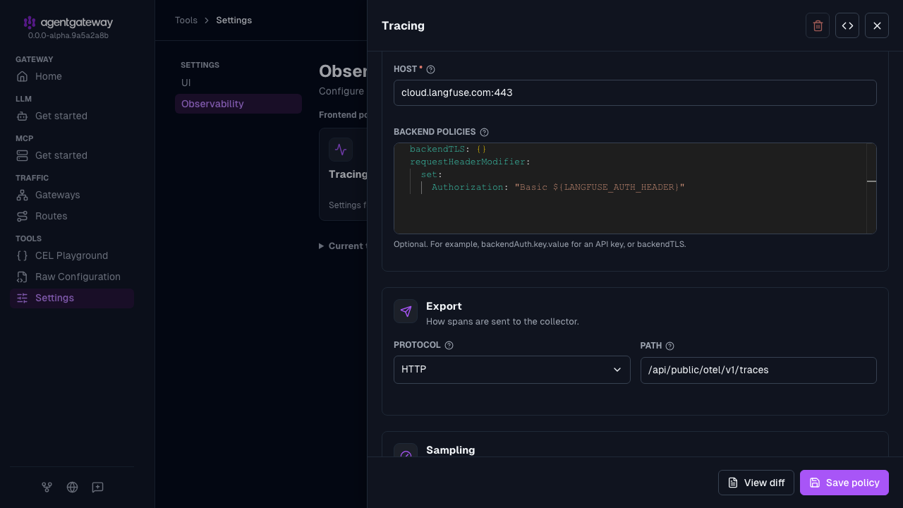 Tracing drawer with the host cloud.langfuse.com:443, backend policies that set backendTLS and an Authorization header, the HTTP protocol, and the Langfuse traces path