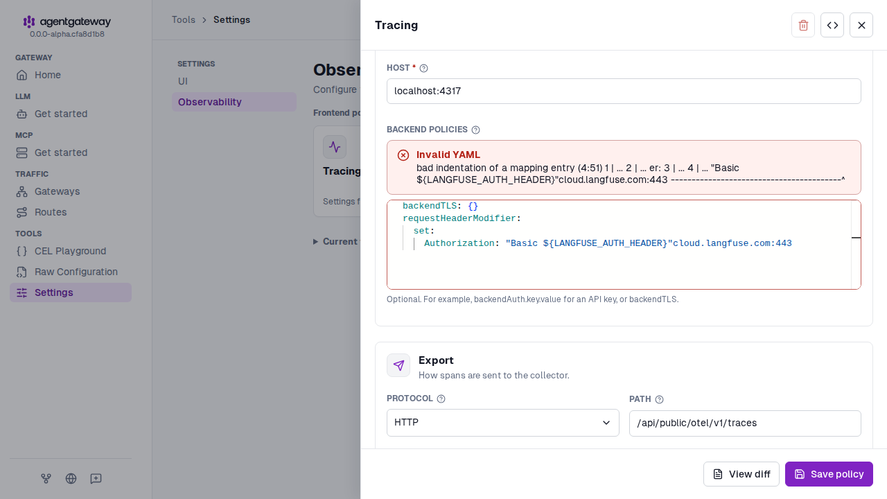 Tracing drawer with the host cloud.langfuse.com:443, backend policies that set backendTLS and an Authorization header, the HTTP protocol, and the Langfuse traces path