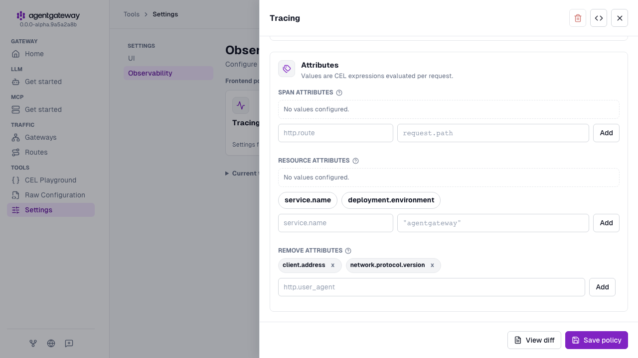 Tracing drawer Attributes section with client.address and network.protocol.version in the remove attributes list