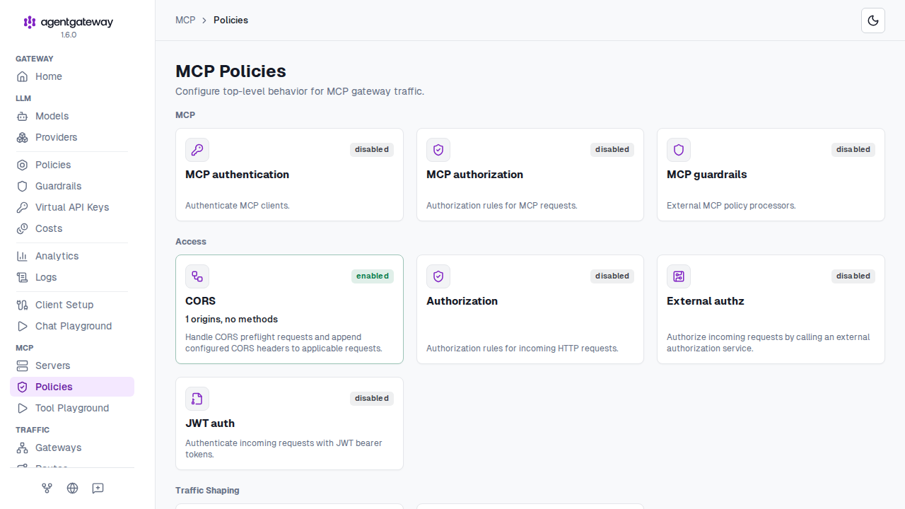 MCP Policies page with policy cards such as MCP authentication, MCP authorization, and CORS, each marked enabled or disabled
