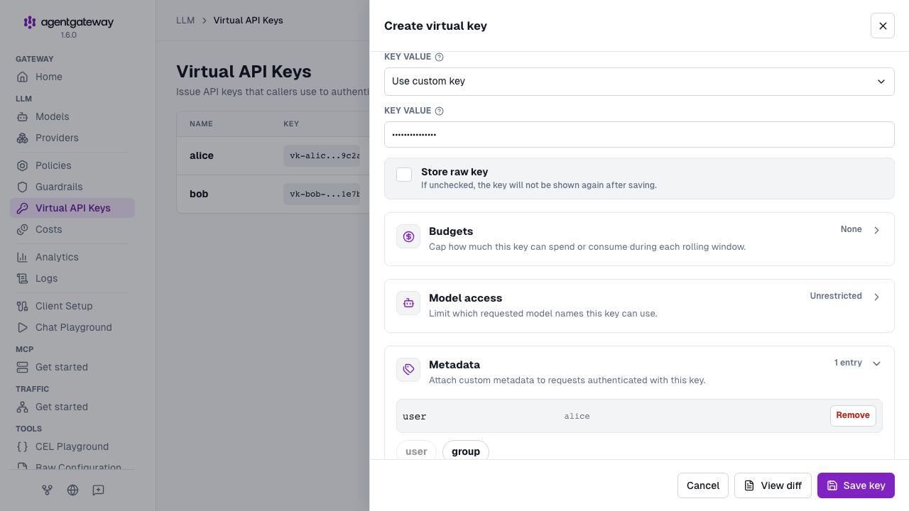 Create virtual key drawer with name, key value, and metadata